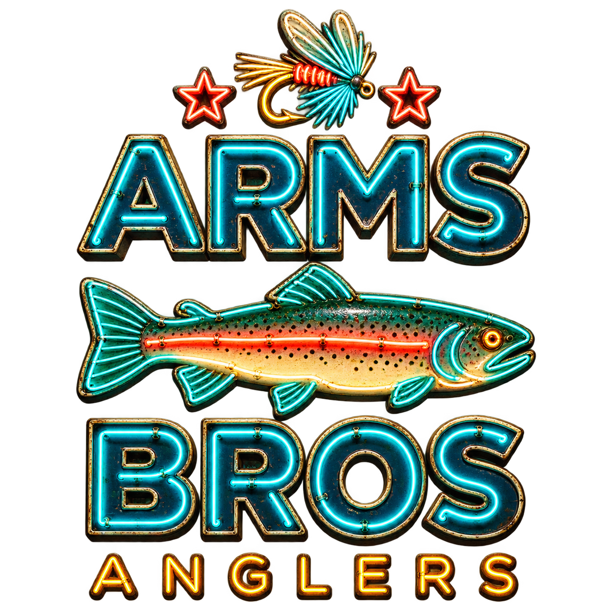 Arms Bros Anglers neon emblem artwork — rainbow trout, hand-tied fly and stars in glowing neon