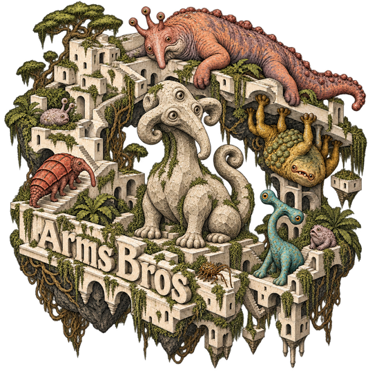 Impossible Island artwork - stone statue creature in a ring of impossible ruins