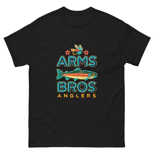 Arms Bros Anglers Neon Tee — neon trout emblem on a black tee