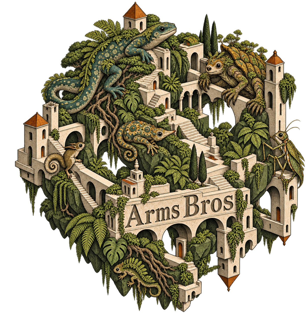 Lizard Landlords artwork - impossible stone ruins overrun by colourful lizards