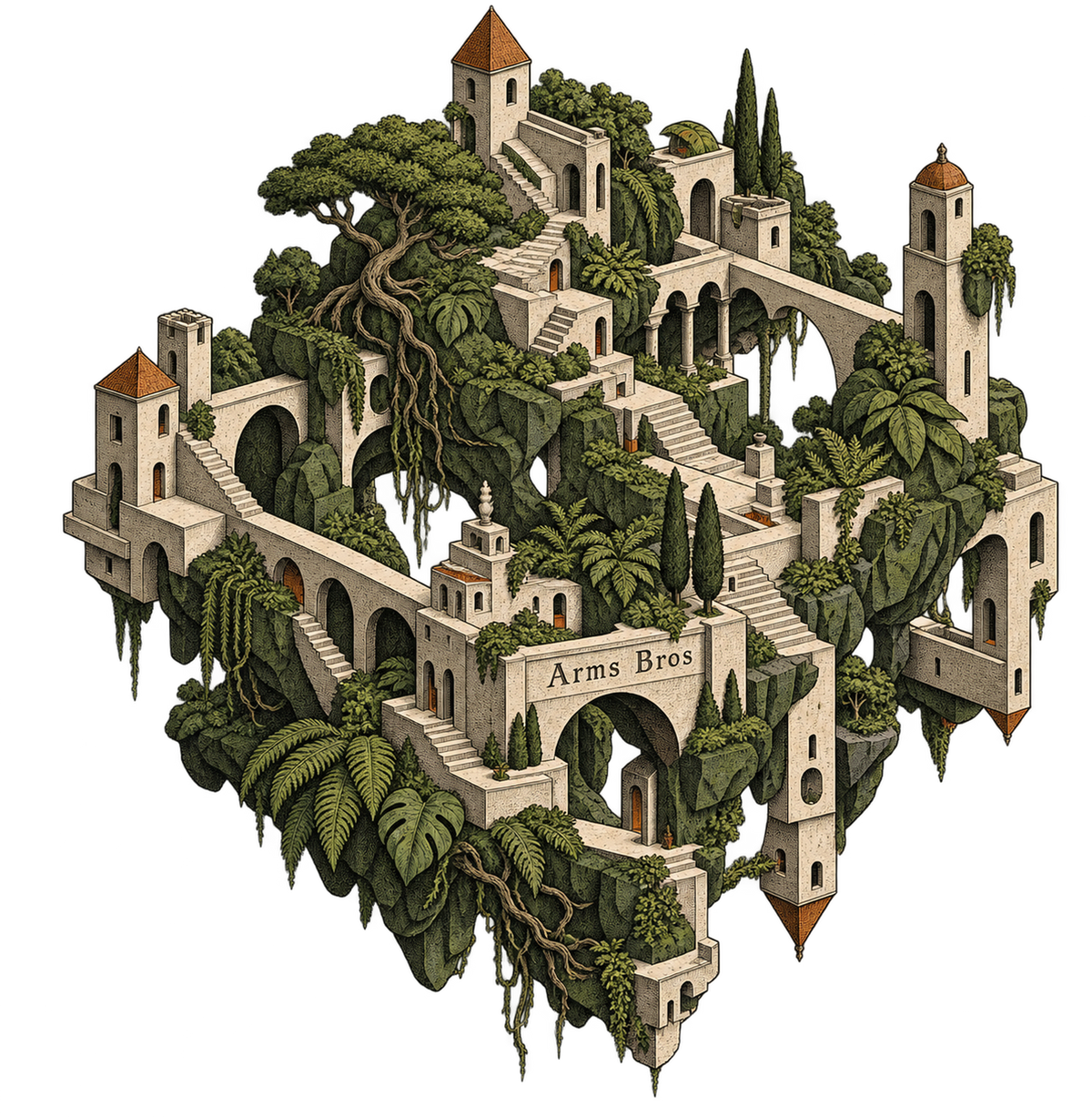 Nobody Home Ruins artwork - empty impossible stone ruins with stairs and towers